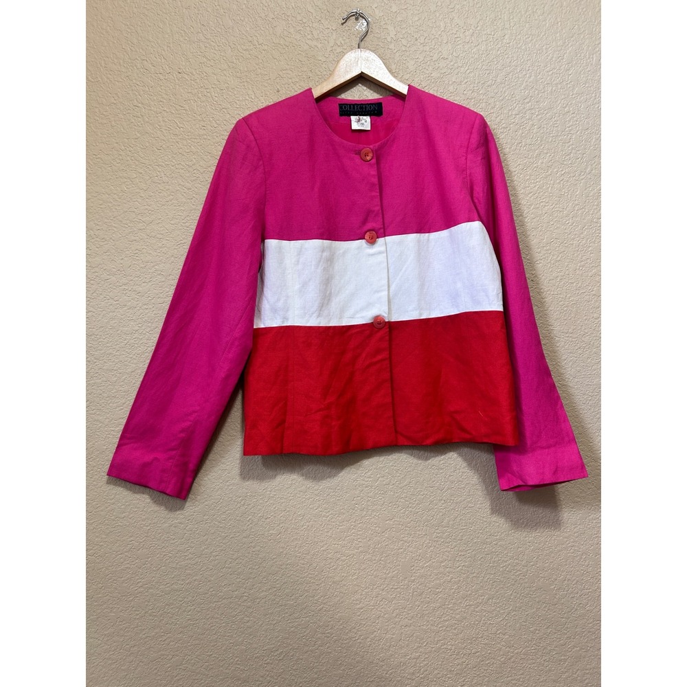 VTG 10 Colorblock Linen Blend Blazer Pink White Red Avant Mod Striped Bold Cute